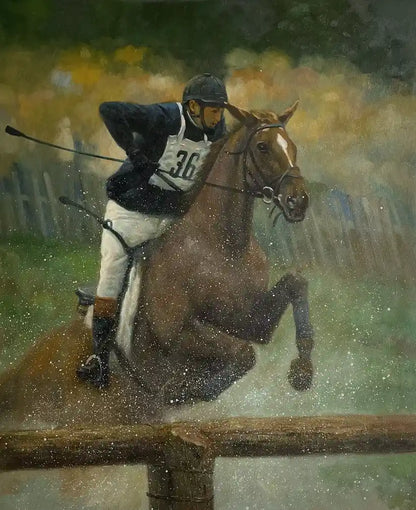 art-scène-vie-saut-hippique-chevaux-galop-jockey-obstacle-peinture-huile-toile