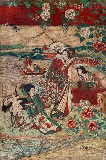 art-moderne-portrait-feminin-femme-costume-traditionnel-japonaise-kimono-peinture-huile-toile