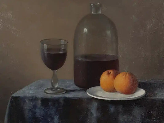 art-nature-morte-fruit-orange-vin-peinture-huile-toile