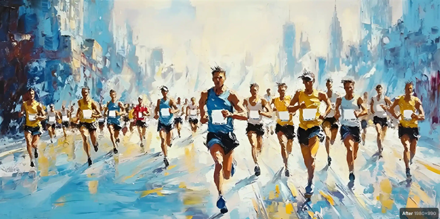 art-moderne-personnage-course-pied-hommes-marathon-peinture-huile-toile
