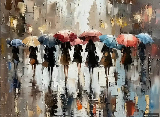 art -moderne-féminin-femme-pluie-rue-city-peinture-huile sur toile