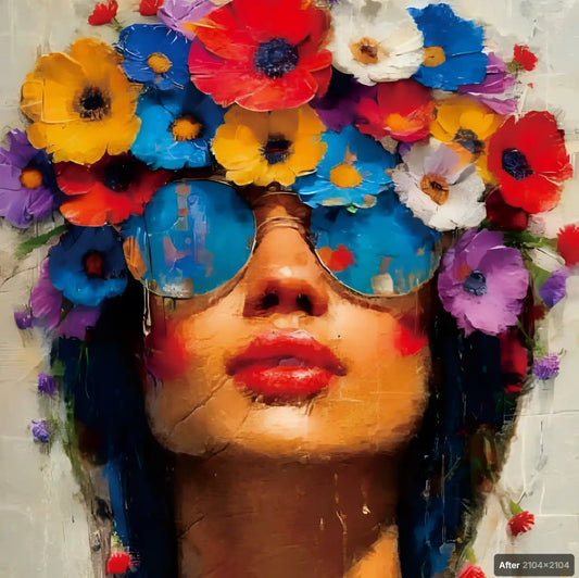 art-érotique-portrait-féminin-femme-fleurs-lunettes-peinture-huile-toile