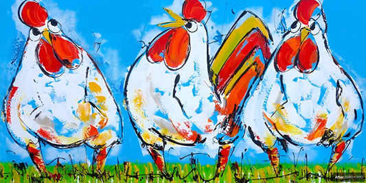 art-moderne-scène-comique-poules-volaille-animal-homme-peinture-huile-toile
