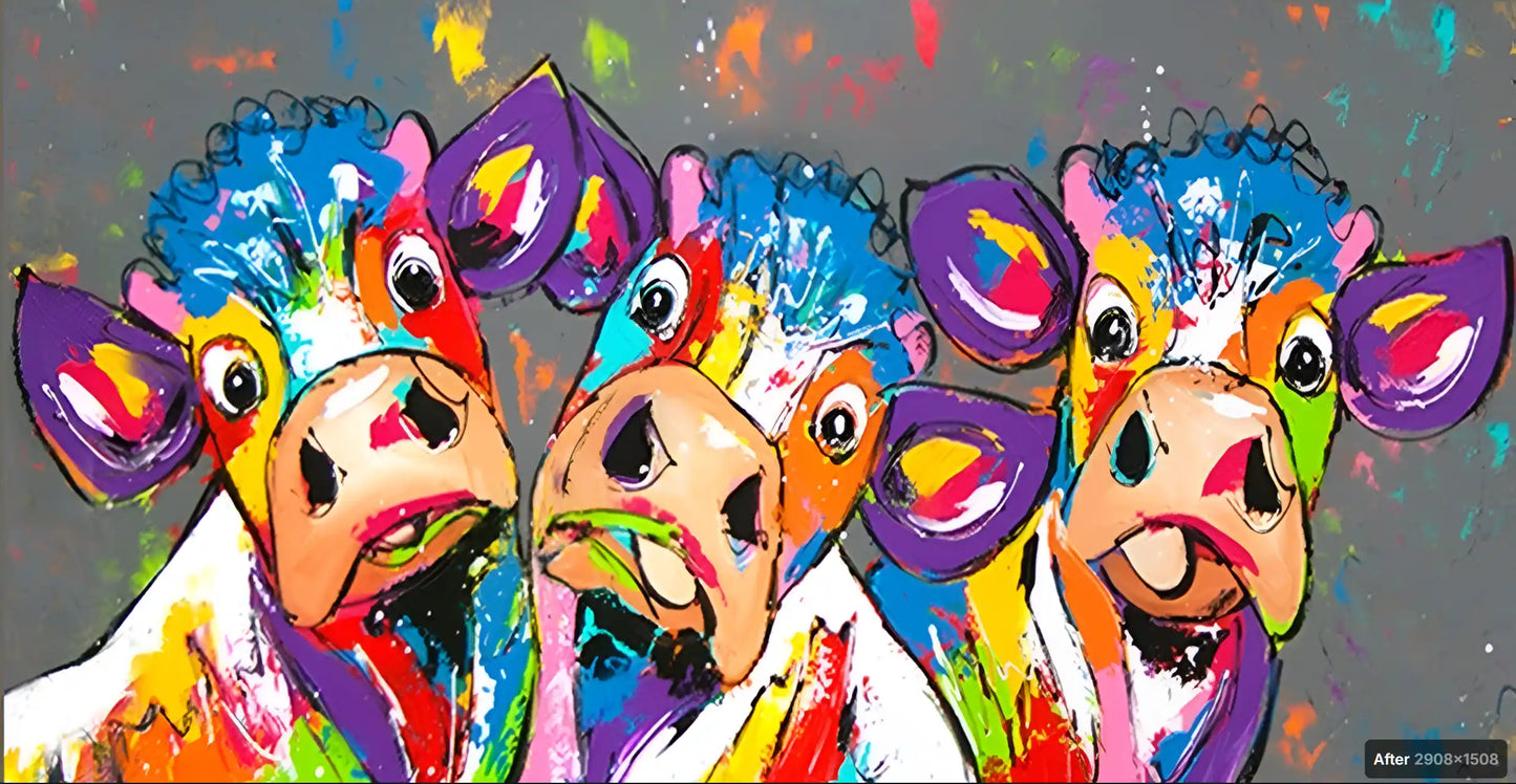 art-moderne-scène-comique-vaches-bovins-animal-homme-peinture-huile-toile (Copie)