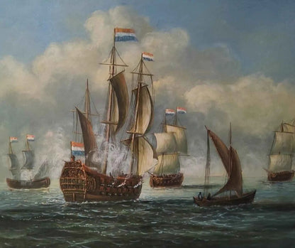 art-peinture-bataille-navale-navire-bateaux-voiles-huile-toile
