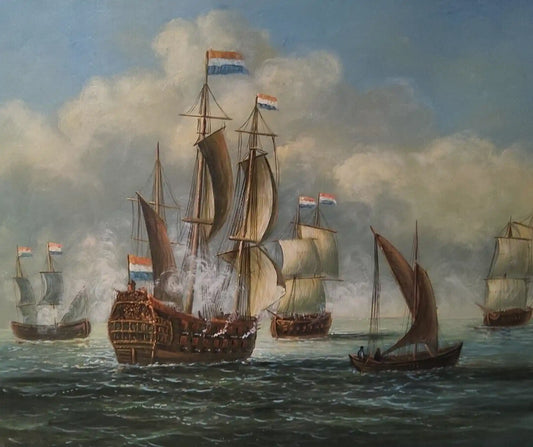 art-peinture-bataille-navale-navire-bateaux-voiles-huile-toile