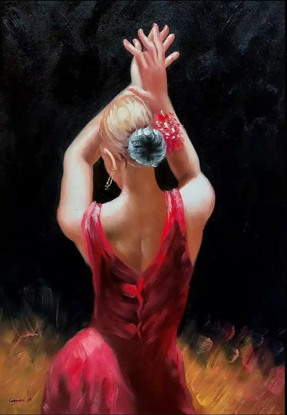 art-scène-vie-danseuse-ardente-blonde-flamenco-peinture-huile-toile