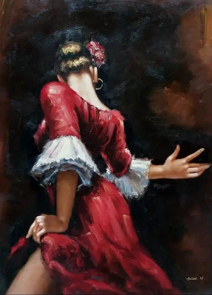 art-scène-vie-danseuse-ardente-fuego-flamenco-peinture-huile-toile