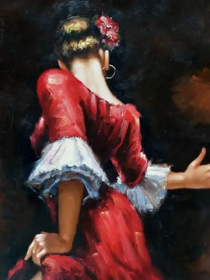 art-scène-vie-danseuse-ardente-fuego-flamenco-peinture-huile-toile