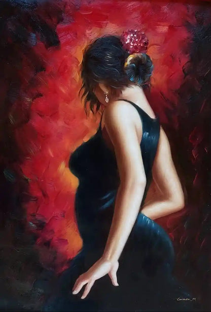 art-scène-vie-danseuse-ardente-bleu-flamenco-peinture-huile-toile