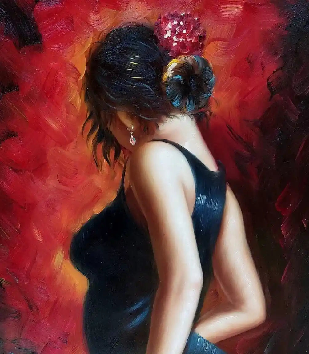 art-scène-vie-danseuse-ardente-bleu-flamenco-peinture-huile-toile
