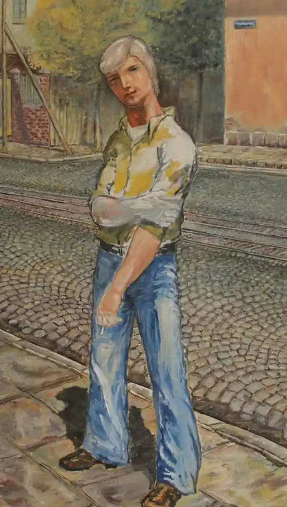 Peinture à l'huile vintage jeune homme portrait grandeur nature paysage urbain