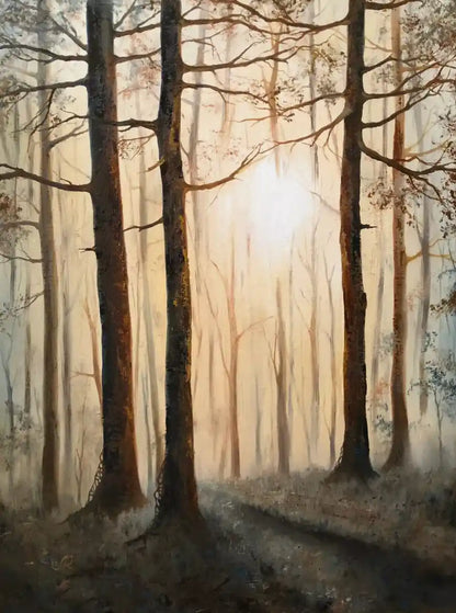 art-paysage-vue-rivage-lac-lumiere-brume-peinture-huile sur toile