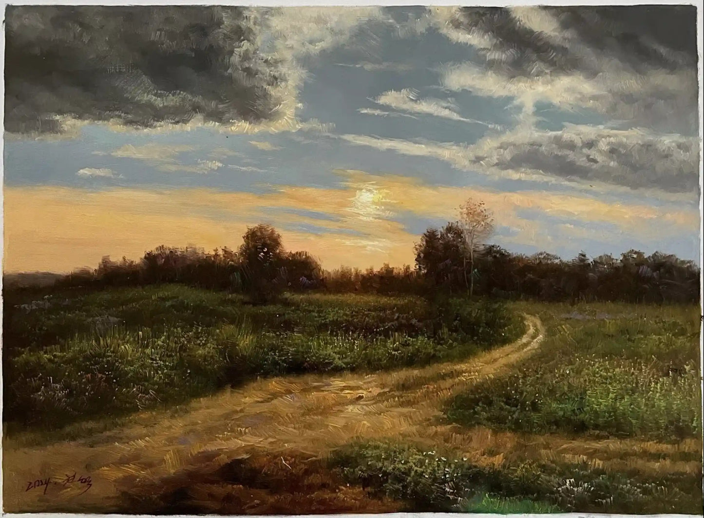 Tableau original huile sur toile, paysage rural au coucher du soleil