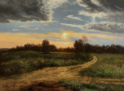 Tableau original huile sur toile, paysage rural au coucher du soleil