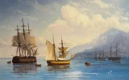 art-paysage-vue-mer-galion-vésuve-bateau-peinture-huile sur toile