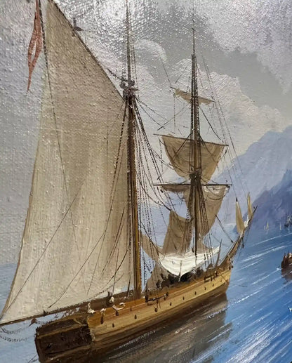 art-paysage-vue-mer-galion-vésuve-bateau-peinture-huile sur toile