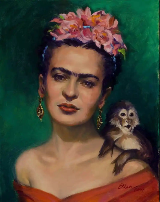 art-portrait-Frida-singe-lac-peinture-huile sur toile