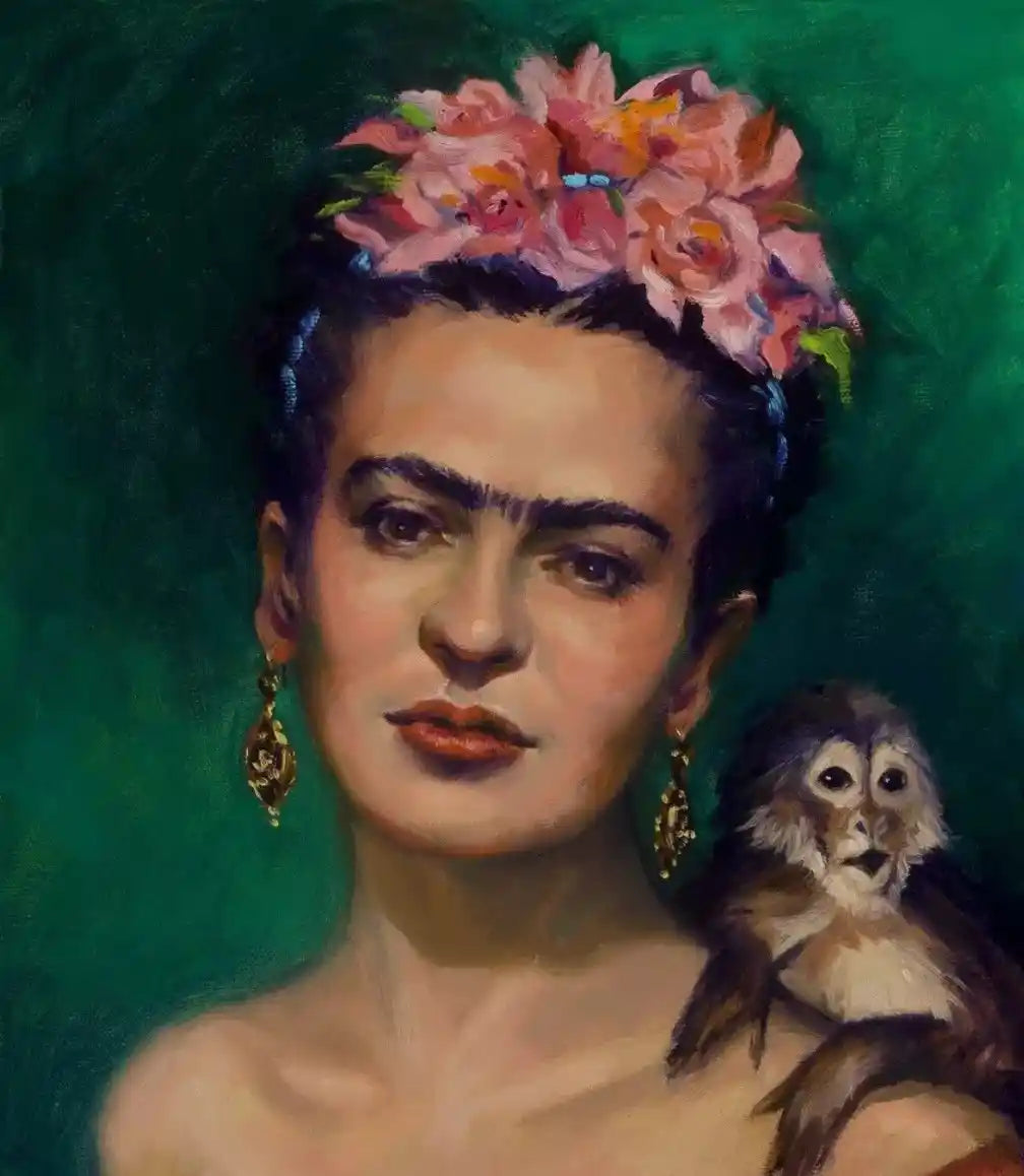 art-portrait-Frida-singe-lac-peinture-huile sur toile