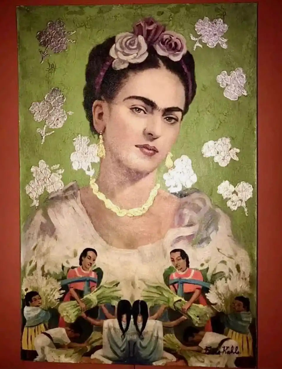 art-portrait-Frida-fleurs-peinture-huile sur toile