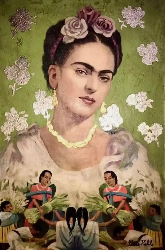 art-portrait-Frida-fleurs-peinture-huile sur toile