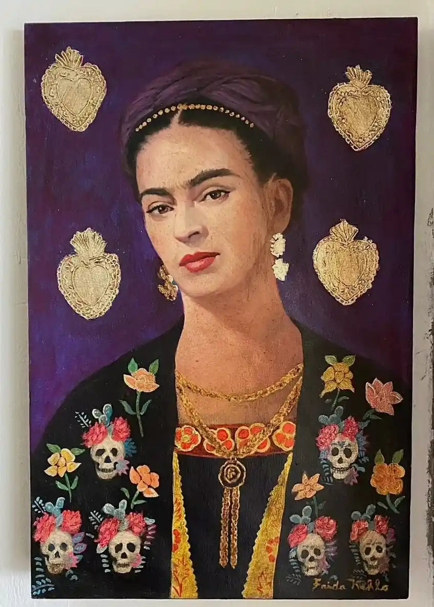 art-portrait-Frida-coeurs-peinture-huile sur toile