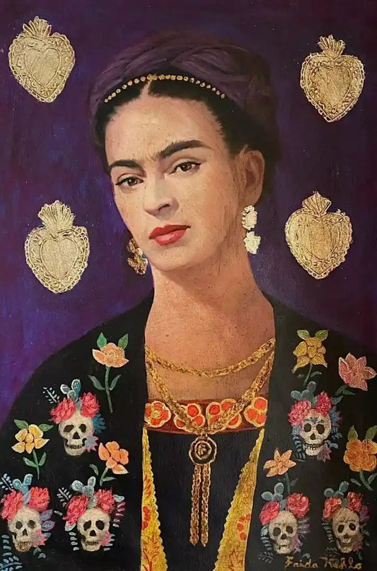 art-portrait-Frida-coeurs-peinture-huile sur toile