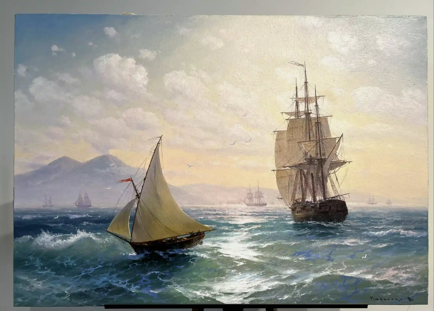 art-paysage-vue-mer-voiliers-vésuve-bateau-peinture-huile sur toile
