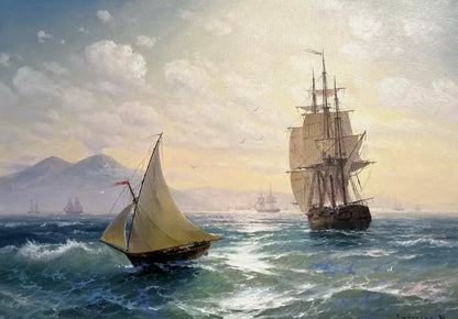 art-paysage-vue-mer-voiliers-vésuve-bateau-peinture-huile sur toile