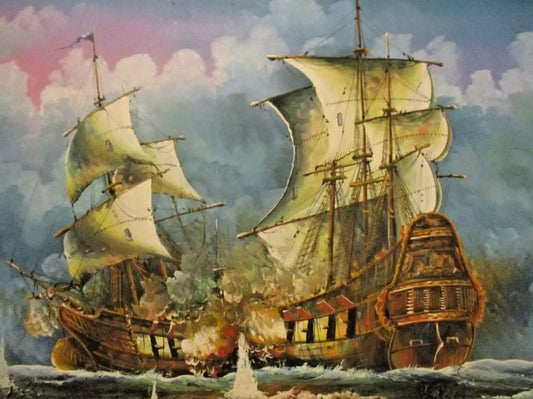 art-peinture-tableau-scene-bataille-navale-bateaux-voiliers-galion-huile-toile-originale
