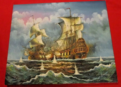 art-peinture-tableau-scene-bataille-navale-bateaux-voiliers-galion-huile-toile-originale