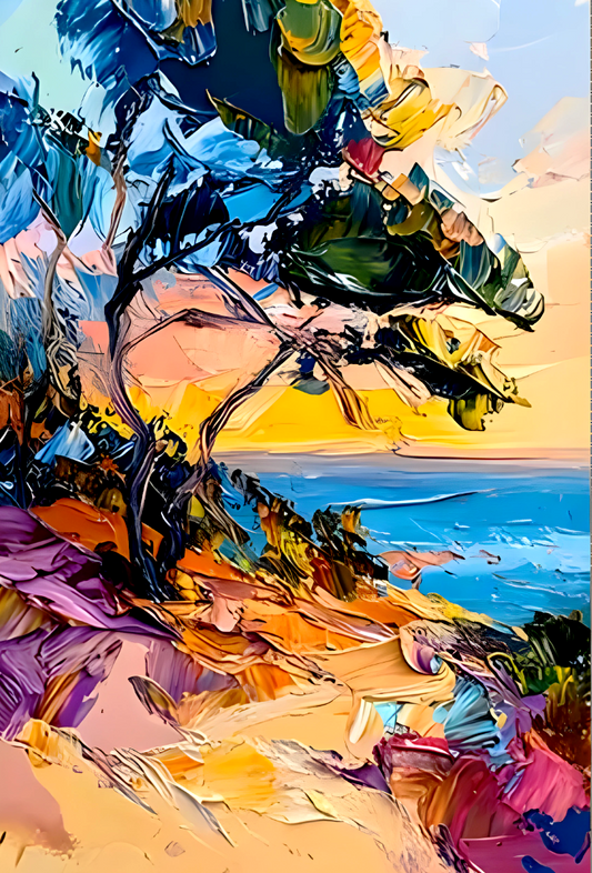 art-peinture-tableau-paysage-marin-mer-arbre-soleil-huile-toile