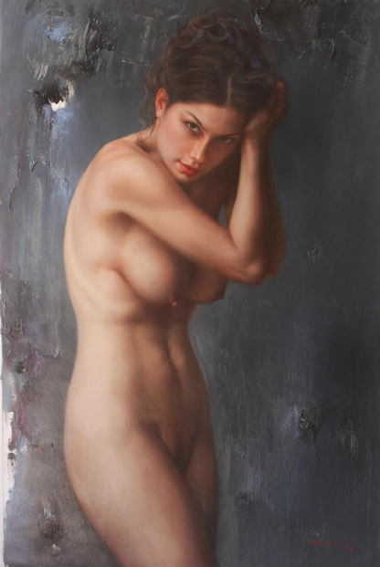 art-erotique-feminin-femme-brune-sexy-nue-integrale-peinture-huile sur toile