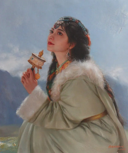 art-peinture-huile-toile-portrait-feminin-femme-asiatique-tibet-moulin-prieres - Kikooyou Art Gallery