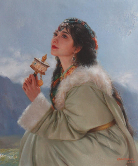 art-peinture-huile-toile-portrait-feminin-femme-asiatique-tibet-moulin-prieres