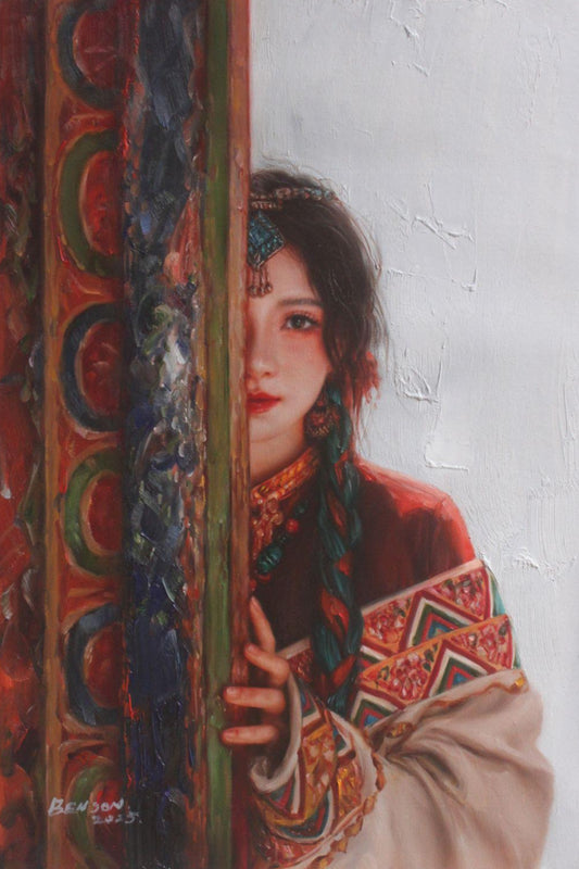 art-portrait-personnages-feminin-femme-asiatique-tibet-peinture-huile-toile-originale