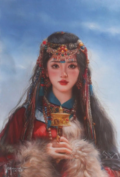 art -portrait-féminin-femme-tibet-asiatique-moulin-prières-tibet-peinture-huile sur toile