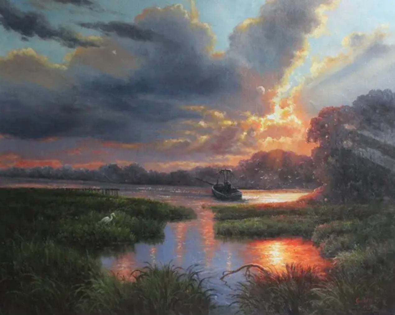 art-paysage-campagne-riviere-bateau-peinture-huile-toile