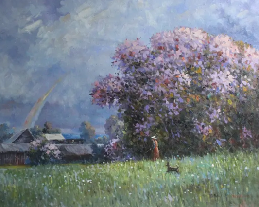 art-paysage-campagne-arc en ciel-peinture huile sur toile