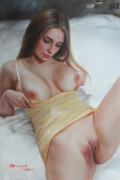 art-moderne-érotique-feminin-peinture-huile sur toile-originale-femme-nue-integrale-jambes