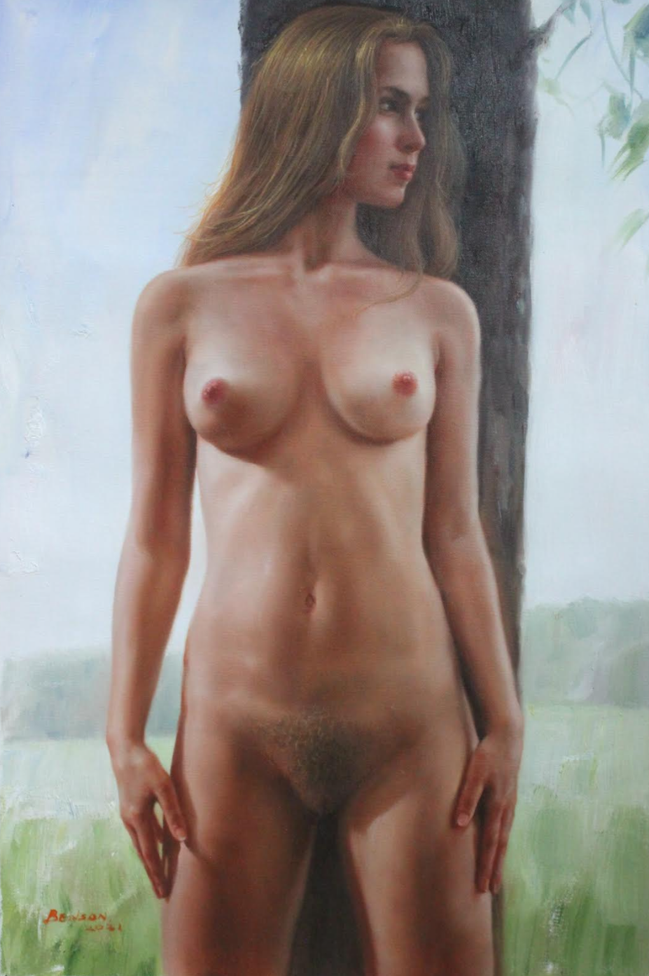 art-moderne-érotique-feminin-peinture-huile sur toile-originale-femme-nue-integrale-arbre