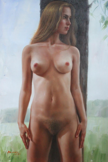 art-moderne-érotique-feminin-peinture-huile sur toile-originale-femme-nue-integrale-arbre