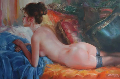 art-nu-intégrale-femme-allongée-fesses-portrait-peinture-huile sur toile