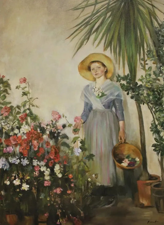 art-portrait-fille-chapeau-fleurs-orangeraie-peinture-huile-toile