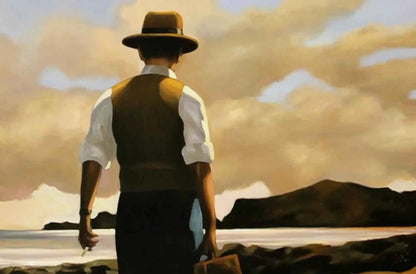 art-scene-vie-voyageur-homme-chapeau-valise-peinture-huile sur toile