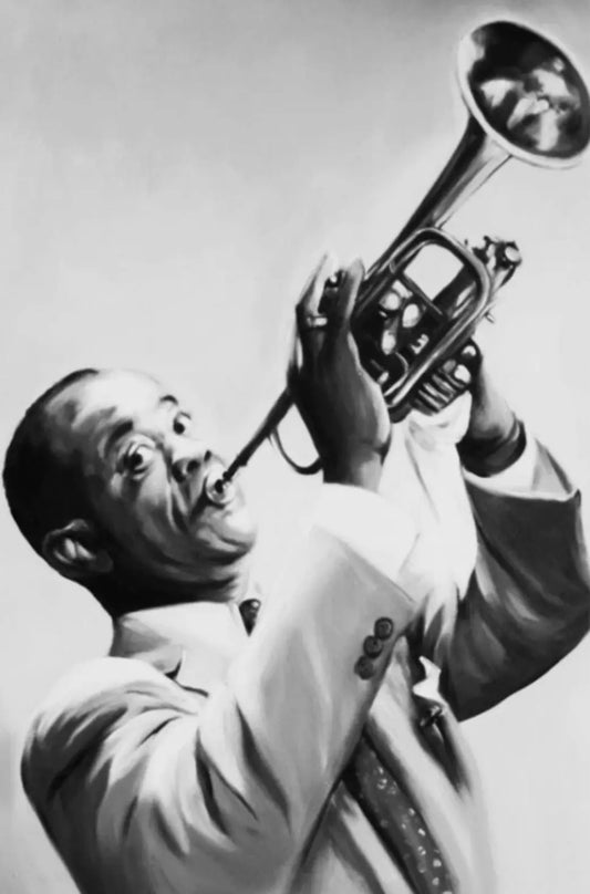 art-Portrait-star-musicien-trompette-noir-blanc-Louis Armstrong-homme-peinture huile sur toile