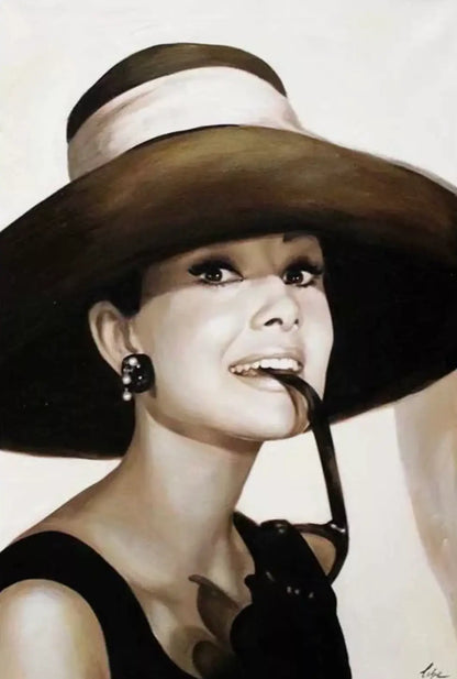 art-Portrait-feminin-star-hollywood-Audrey Hepburn-peinture-noir-blanc-huile sur toile
