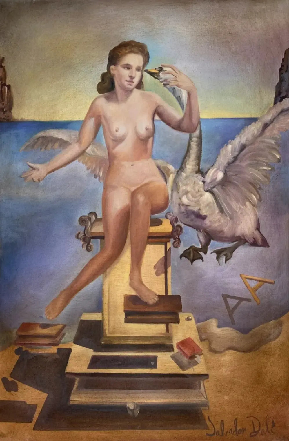 art-portrait-surrealiste-femme-nue-cygne-peinture-huile-toile