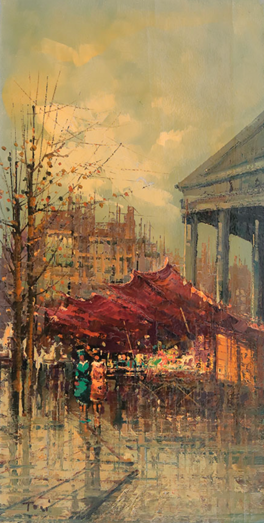 art-decoration-paysage-scene-rue-Paris-France-marché-fleurs-peinture-huile-toile