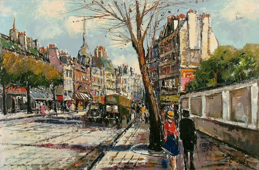 art-decoration-paysage-scene-personnages-rue-Paris-France-peinture-huile-toile